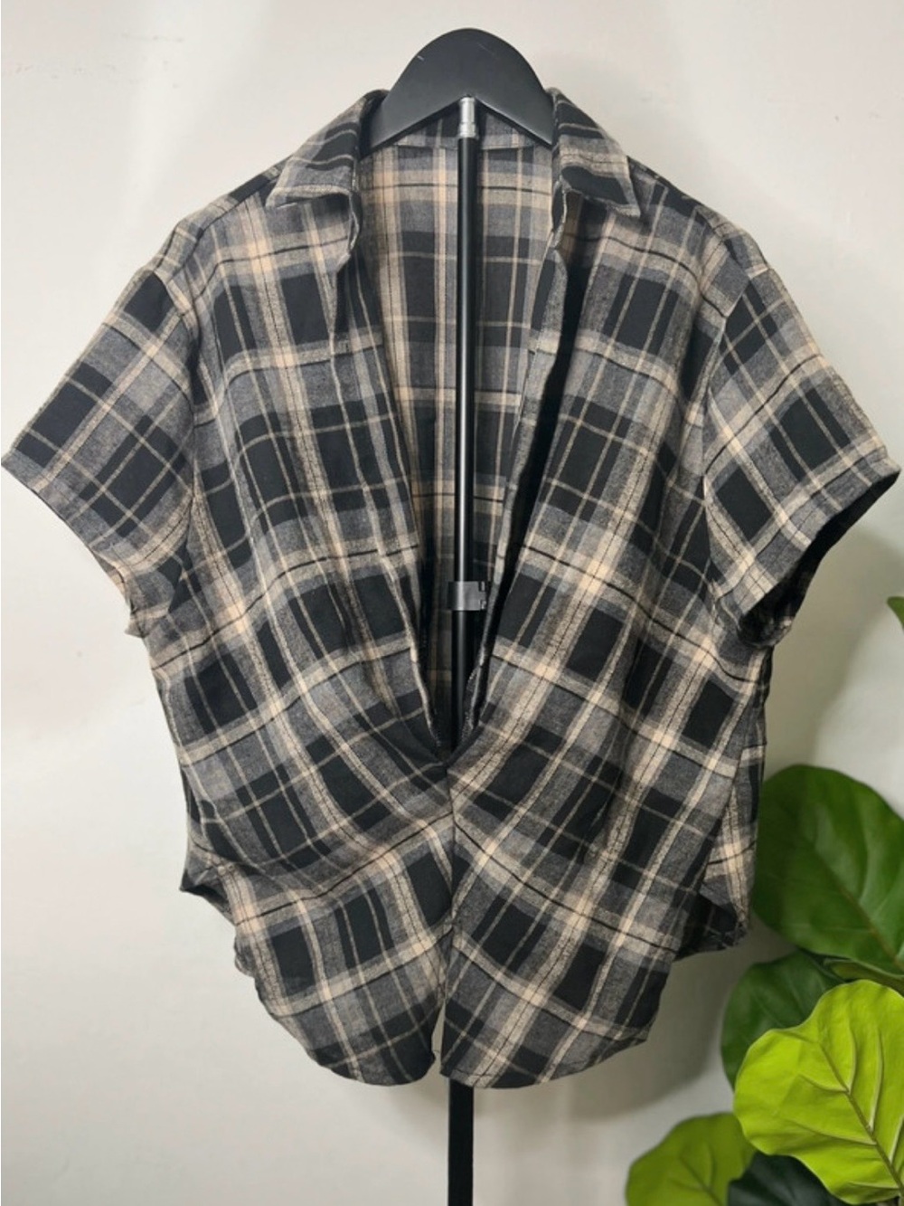 Plaid Surplice Wrap Blouse Gray Black Short Sleeve V Neck Casual Top Size XL